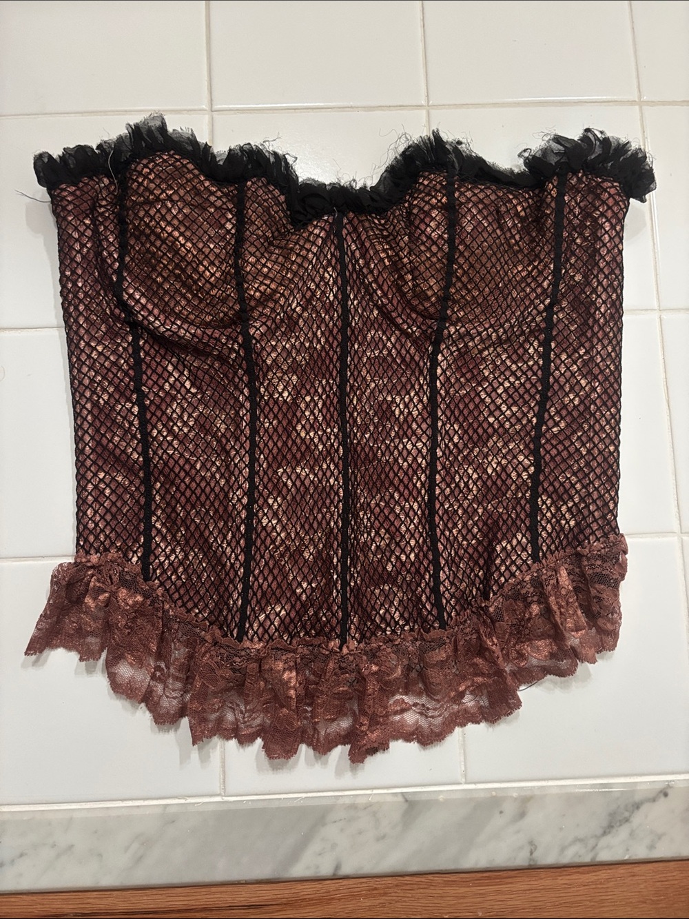 Lace-Trim Fishnet Bustier Corset in Brown